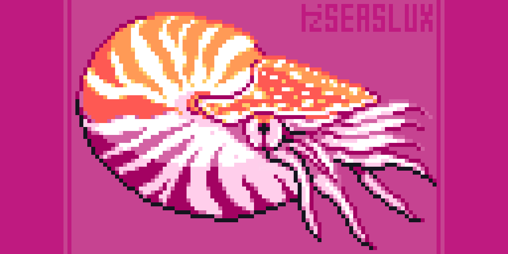 Pixel art of a nautilus, in the colours of the lesbian flag.