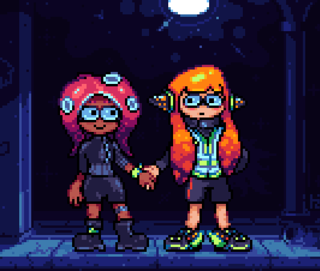Pixel art of the characters Agent 8 and Agent 3 from Splatoon, holding hands in a dimly lit subway.