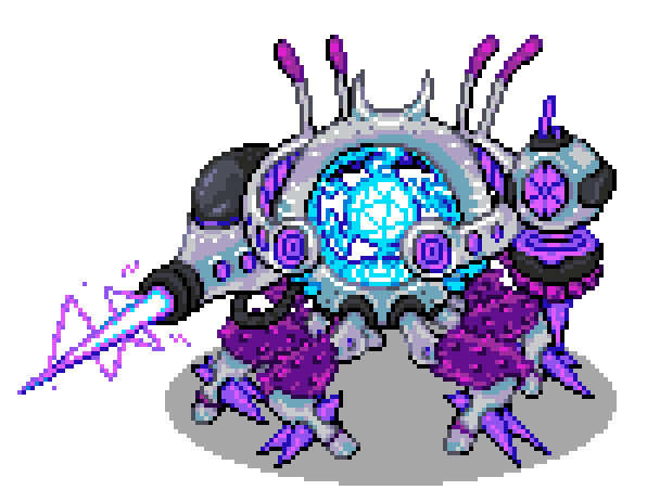 Pixel art of Shard, a weird, purple, six-legged mech crackling with electricity. Loosely based on the Death's Head from LANCER.