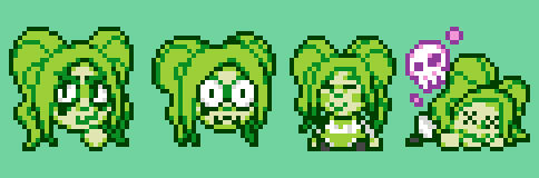 Emotes of Goopy, my oc, a green girl with huge ponytails and dripping eyeliner. The first emote is a cheeky expression, the second is a shocked expression, in the third she is sitting, and in the last she is taking poison damage.