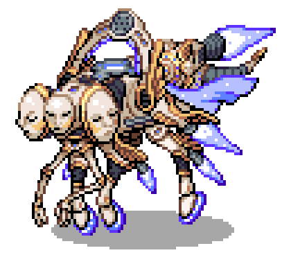 Pixel art of Throne, a gold, angelic, tripedal mech with three humanoid faces, floating above the ground. Loosely based on the Kidd from LANCER.