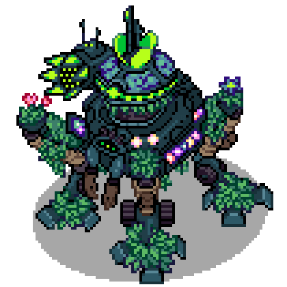 Pixel art of Kokedama, a dark green quadrupedal mech covered in flowers and plants. Loosely based on the Ranger Variant Swallowtail from LANCER.