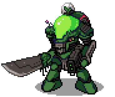 Pixel art of Marimo, a dark green bipedal mech covered in moss. It has a large sword, a sci-fi gun, and a plant growing in a pod on its back.