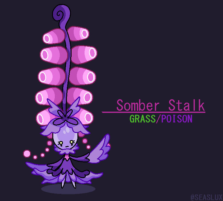 Art of Somber Stalk, a fake deep-sea-themed paradox pokemon. It is grass/poison type, and is based on dolliv. It is purple, has frills reminiscent of a Jellyfish and has a long stalk with five pink bells attached on each side - resembling a siphonophore.